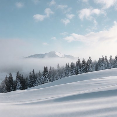 Snowy Mountain with Pine Trees