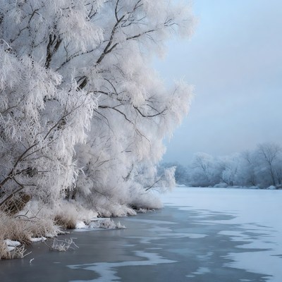 Snow-Covered Trees by Frozen River