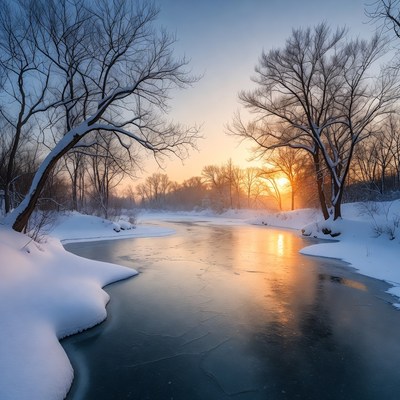 Winter River Sunset with Snowy Trees