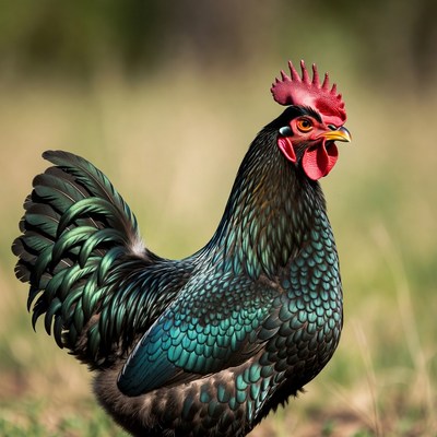 Iridescent Rooster Standing in Grass