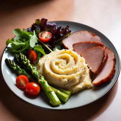 Ham with Mashed Potatoes and Asparagus