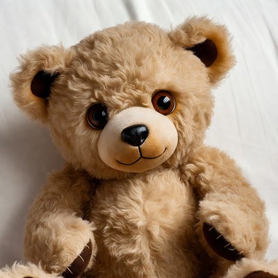 Cute teddy bear on white bed