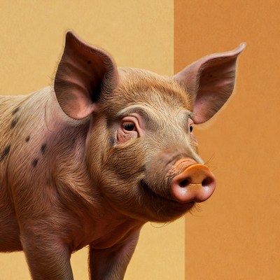 Cute pink pig on yellow background