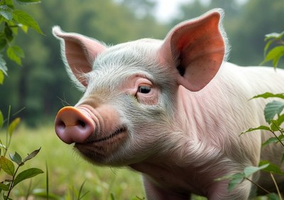 Pig in green grass and leaves