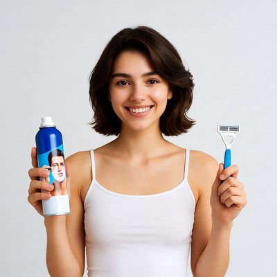 Woman holding shaving cream and razor