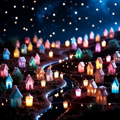 Colorful Miniature Village at Night