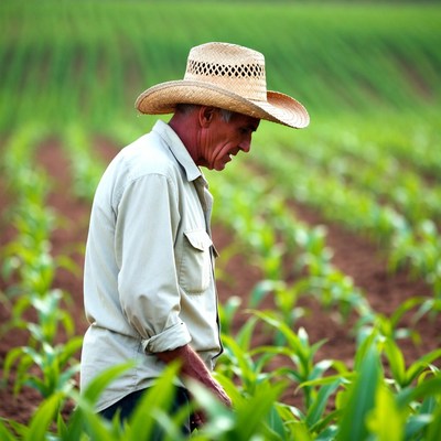 Farmer inspecting cornfield with straw hat