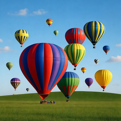 Colorful Hot Air Balloons Over Green Hill