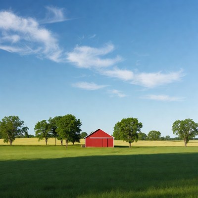 Red Barn in Green Field