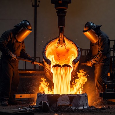 Workers Pouring Molten Metal Foundry