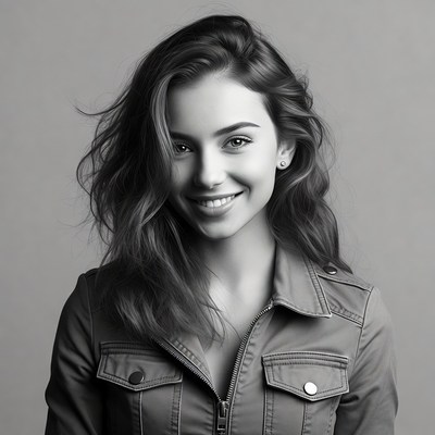Smiling woman in leather jacket