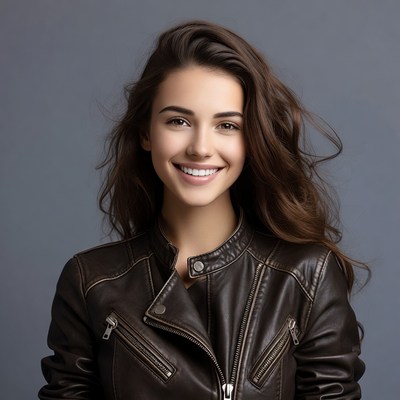 Smiling woman in leather jacket
