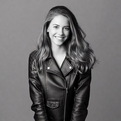 Smiling woman in leather jacket