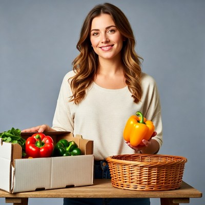 Woman holding colorful bell peppers