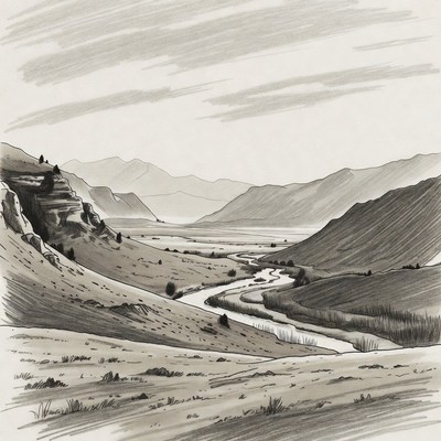 Mountain River Landscape Sketch