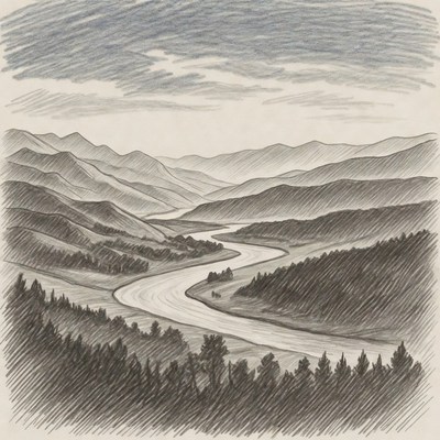 Mountain River Valley Sketch