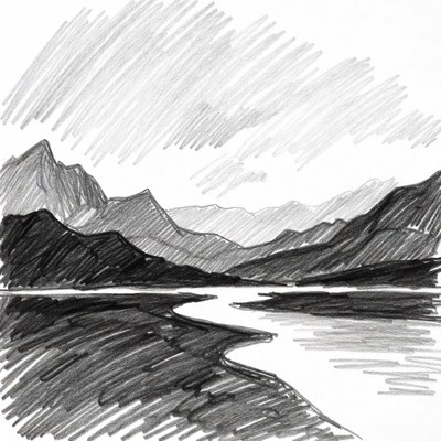 Pencil Sketch Mountain River Landscape