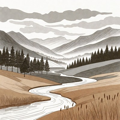 Mountain Landscape with River and Trees