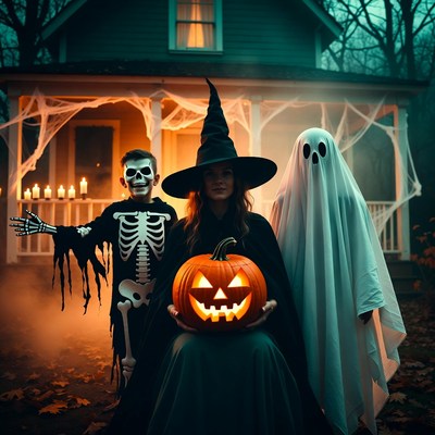 Family in Halloween costumes with pumpkin