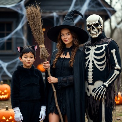 Family in Halloween Witch Skeleton Costumes