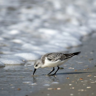 Sanderling foraging on beach