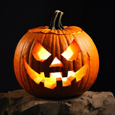 Lit Jack-o'-lantern on rock