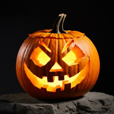 Lit Jack-o'-lantern on rock