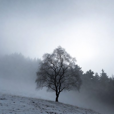 Solitary Tree in Snowy Foggy Landscape