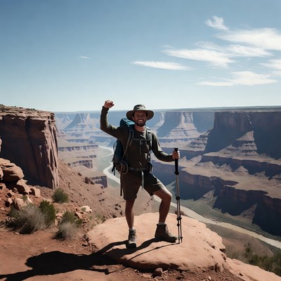 Hiker raising arm at canyon overlook