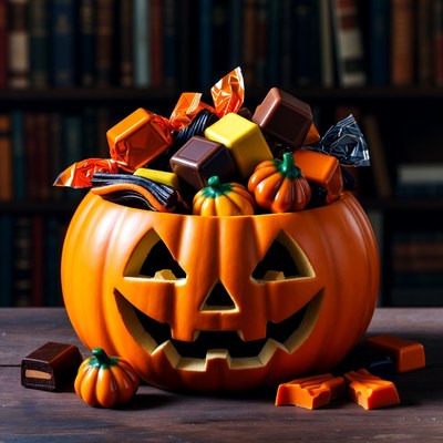 Jack-o'-lantern Candy Bowl on Bookshelf
