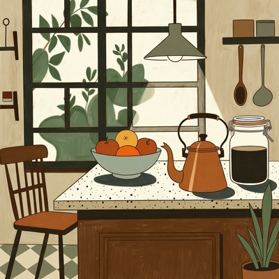 Cozy Kitchen with Teapot and Oranges