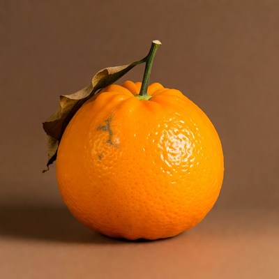 Orange with Leaf on Brown Background