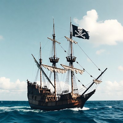 Pirate Ship Sailing on Ocean