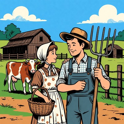 Farmer couple with pitchfork and basket