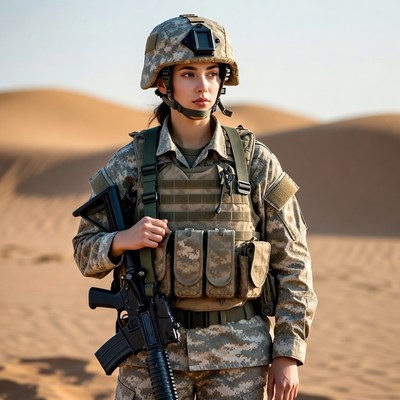 Female soldier with rifle in desert