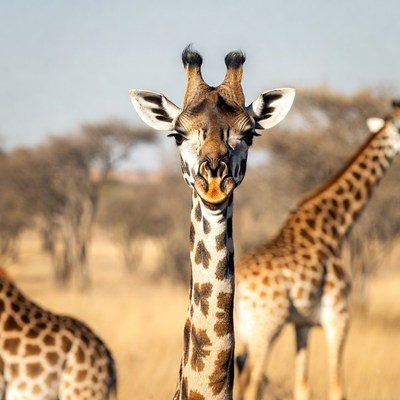 Giraffe sticking out tongue in savanna
