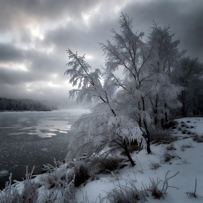 Frost-covered trees by icy river