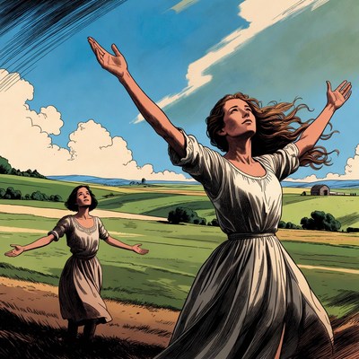 Two women raising arms in field