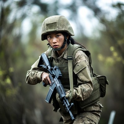 Asian woman soldier aiming rifle