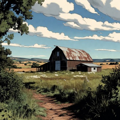 Rustic Red Barn in Fields