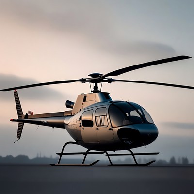 Gray Helicopter on Tarmac at Sunset