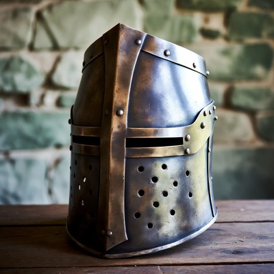 Medieval Knight Helmet on Wooden Table