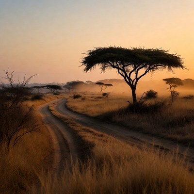 Acacia trees on savanna dirt road at sunset