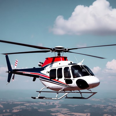 White red helicopter flying over fields
