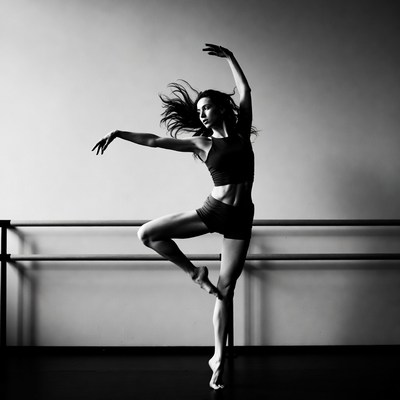 Woman performing ballet pose at barre