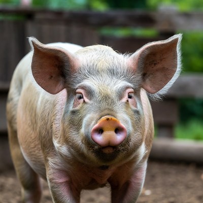 Pink pig at wooden fence