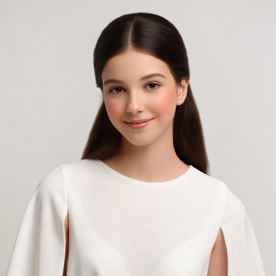 Teen girl in white dress smiling
