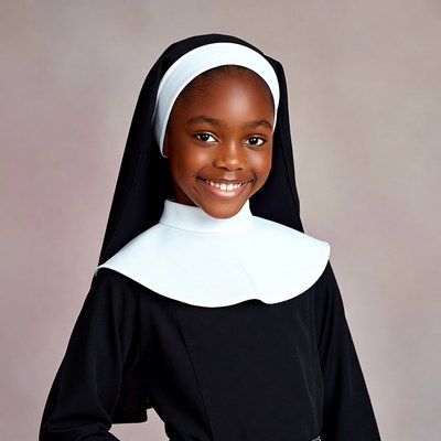 African girl dressed as smiling nun