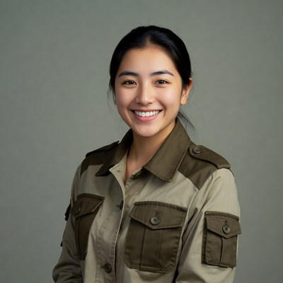Asian woman in khaki jacket smiling