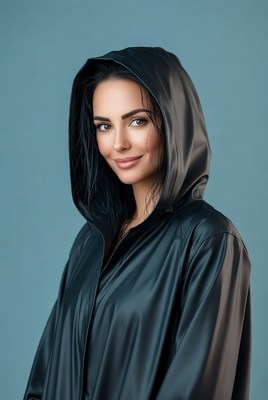 Woman in black shiny raincoat hood